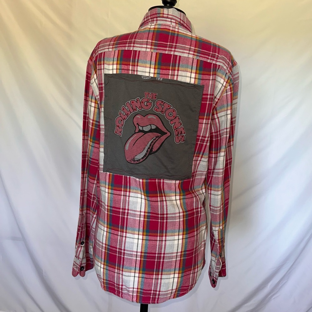 Upcycled Rolling Stones Patch Plaid Shirt